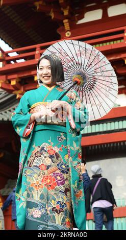 Eine junge japanische Frau trägt einen traditionellen Kimono und hält einen Ölpapierschirm am Tsurugaoka Hachimangū Shinto-Schrein in Kamakura, Japan. Stockfoto