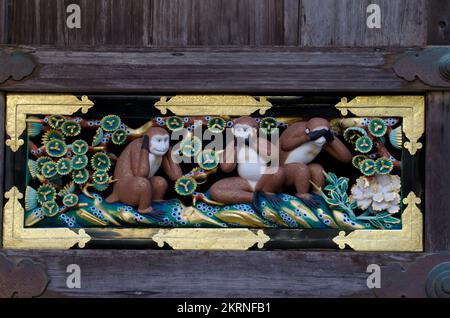 Nikko, 17. November 2017: Three Wise Monkeys im Toshu-gu-Schrein. Präfektur Tochigi. Japan. Stockfoto