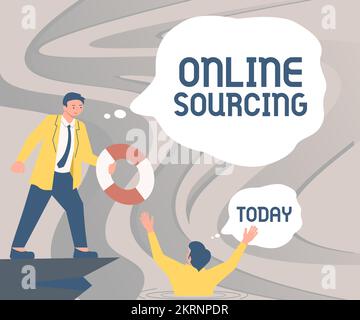 Die Textunterschrift „Online Sourcing“, Word, das beim Kauf von Waren und Dienstleistungen geschrieben wurde, wird über das Internet vermittelt Stockfoto