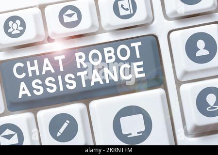 Konzeptionelle Überschrift Chat Robot Assistance, Business Overview beantwortet Fragen zum Kundenservice und bietet Hilfe Stockfoto