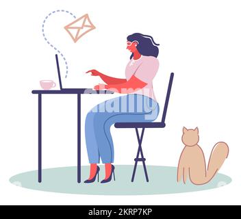 Junge Frau, die an einem Laptop-Computer-Vektor arbeitet Stock Vektor