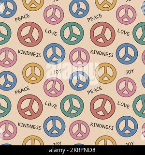 Groovy Hippie-Muster. Friedenssymbole. Nahtloser Hintergrund mit Zeichen von Frieden. Pazifistisches Muster. Farbenfroher Hippie-Druck. Doodle-Design. Vektorbeleuchtung Stock Vektor