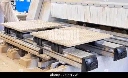 Werkstatt für die Herstellung von Spanplatten, Spanplatten, Furnieren, Sperrholz, Holzplatten. Holzverarbeitung. Konzept für die holzverarbeitende Industrie Stockfoto
