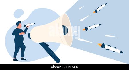 Cartoon, winzig wütender Mann, Propagandist in Militäruniform, hält Rakete in der Hand, Raketen fliegen aus Megaphon. Propaganda und Hass, Desinformation über Konfliktkonzepte Vektordarstellung. Stock Vektor
