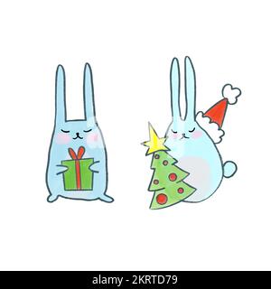 Frohes neues Jahr 2023, eine Gruppe süßer, witziger, weißer Hasenköpfe, eine Sammlung von Haschen-Figuren, ein Zeichnungsvektor mit niedlichen Tiermustern Stock Vektor