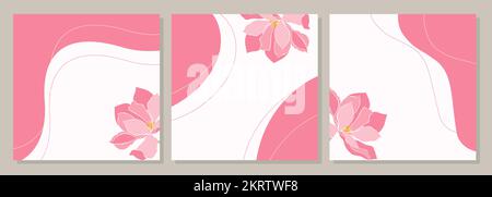 Vorlage Social Media Set pink mit Blumenmagnolie, Layoutgeschichten, Banner, Hochzeit, Broschüre, Karte. Vektordarstellung Stock Vektor