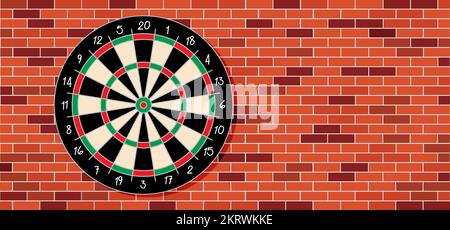 Zeichentrickpfeile auf Ziegelwände zeichnen. Dartboard-Symbol. Spielbrett und Dart. Torzielwettbewerb Schild. Sportausrüstung und Pfeile. Werfen Sie Singl Stockfoto