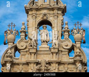 Detail der Vorderseite der Kathedrale von Santiago de Compostela in Spanien. Endziel für Pilger Stockfoto