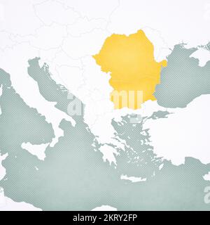 Rumänien und Bulgarien auf der Karte des Balkans mit sanft gestreiftem Jahrgangshintergrund. Stockfoto