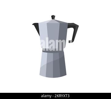 Realistisches Moka-Pot, italienische Kaffeemaschine mit Metallic-Effekt, Mocha-Kaffeekanne Logo. Flacher Stil. Moka Pot Icon, Küchengerät aus Aluminium, italienischer Stil. Stock Vektor