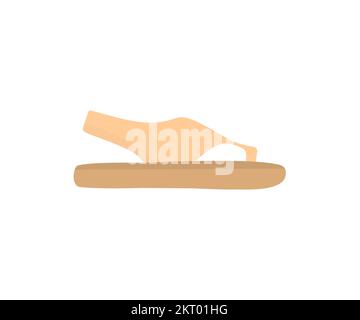 Stylische braune Damensandalen mit Logo auf blauem Hintergrund. Frauenschuhe, Flachbild. Cartoon stilvolle Sommersandalen für die Saison. Stock Vektor