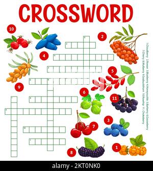 Cartoon Beeren Kreuzworträtsel-Arbeitsblatt finden Sie ein Wort-Quiz Vektorspiel für die Bildung von Kindern. Das Rätsel „Quadrate“ oder „Gitter“ mit reifen Kirschfrüchten füllen, Stock Vektor