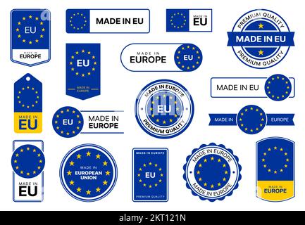 Hergestellt in der EU. Qualitätssymbole für Europa, Etiketten mit Flagge. Produktgarantie-Emblem, Qualitätsgarantie-Zertifikatsstempel oder Vektorschild für die Markenproduktion oder Schild mit EU-Flaggenstern Stock Vektor