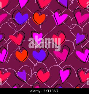 Vektornahtlose Herzmuster mit Kontur auf burgunderfarbenem Hintergrund. Valentinskarten zum Drucken auf Stoff, Papier. Stock Vektor