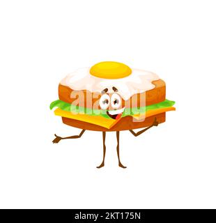 Cartoon-Burger mit eiwitziger Figur. Kawaii Vektor Fast Food isolierte Person, süßes Fastfood zum Mitnehmen mit lächelndem Gesicht. Happy Junk Meal Emoji mit Käse, Salat und Ei oben drauf Stock Vektor