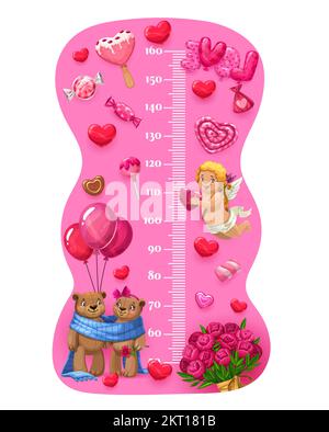 Cartoon-Herzen, Süßigkeiten und Spielzeug, Größentabelle für Kinder und Wachstumsmessgerät. Vektormaß-Lineal mit rosa Zentimeterskala, ein paar süße Bären und Ameisenengel, Süßigkeiten, Ballons und rote Rosenblumen Stock Vektor