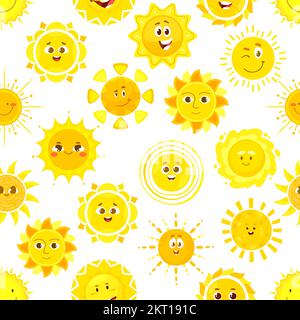 Nahtloses Muster für Sun-Figuren. Cartoon-Vektor lacht und lächelt süße Persönlichkeiten mit lustigen Emoji. Positiver solarthermischer Hintergrund für Geschenkpapier-, Textil-, Tapeten- oder Gewebedesign Stock Vektor