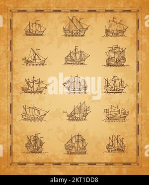 Alte Segelschiffe und Segelboote. Alte Schiffsskizze, alte Landkarte oder Pergamentpapier mit handgezeichneten historischen Schlachtschiffen und Segelbooten, mit Seeteuern gravierte Fregatten Stock Vektor