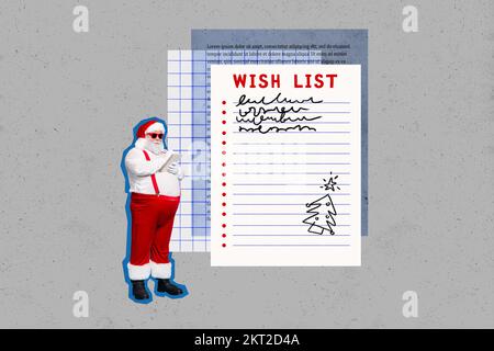 Kreative Collage Bild des kleinen, flippigen weihnachtsmanns Notizblock Stift schreiben Wunschliste große Papierseite isoliert auf gemaltem Hintergrund Stockfoto