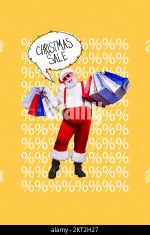 Weihnachtspostkartencollage mit lustigem weihnachtsmann Einkaufstaschen kaufen Weihnachtsgeschenke auf dem Weihnachtsmarkt zubereiten Stockfoto