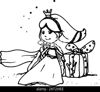 Illustration des künstlerischen Weihnachtslieblings. Hübsche kleine Prinzessin mit Geschenk. Weihnachtskarte mit Vintage-Design für das neue Jahr oder Einladung auf Weiß Stock Vektor