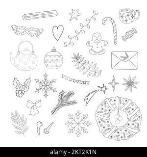 Weihnachtsartikel Set Stallenpflanze, Schneeflocke, Lebkuchen, Tanne, Girlande, Dekoration handgezeichnet in einfachem Kritzelstil für Winterferien Grußkarten, Einladungen, Banner, Dekor, Aufkleber Stock Vektor