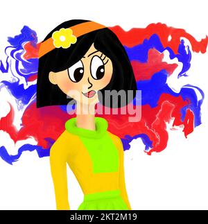 Bunte Mädchen Illustration | Funky Girl Digital Art| Retro-Style Illustration | Retro-Style Mädchen Women Illustration | Moderne Cartoon-Kunst||| 1owlart Alamy Stockfoto