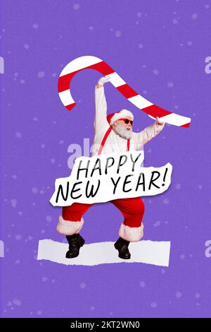 Weihnachtswerbung Broschürencollage mit flippigem weihnachtsmann hebt leckere süße Zuckerstangen auf Glückwunsch zum neuen Jahr Stockfoto