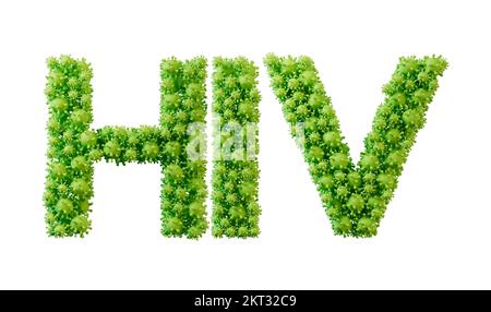 HIV-Wort aus grüner Bakterienzellmolekül-Schrift. Gesundheit und Wohlbefinden. 3D-Rendering Stockfoto