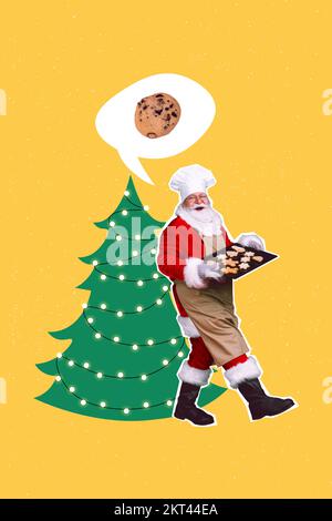 Weihnachtspostkartencollage mit lustigem, flippigem weihnachtsmann Backen leckere Kekse bringen Sie zur Familientreffen am Weihnachtsabend Stockfoto