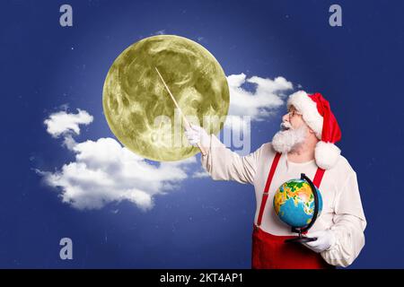 Weihnachtsposter-Collage des Senior-weihnachtsmann-Lehrers, in der Neujahrsgeschenke überreicht werden Abendstunde Hintergrund zeichnen Stockfoto