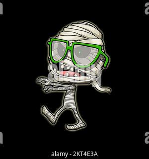 Halloween Cartoon Illustration einer wandelenden toten Mumie in grünen Aussenseiter Brille. Horror Nerd Stockfoto