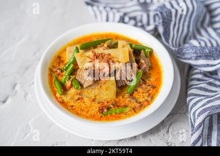 Sayur Nangka oder Gulai Nangka sind indonesische Gerichte aus jungen Jackfrüchten, die in Kokosmilch und Langbohnen und Fleisch gekocht werden Stockfoto