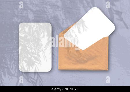 Ein Umschlag mit zwei Blättern strukturiertem weißen Papier auf dem blauen Hintergrund. Mockup Overlay mit den Pflanzenschatten. Natürliches Licht wirft Schatten von einem Stockfoto