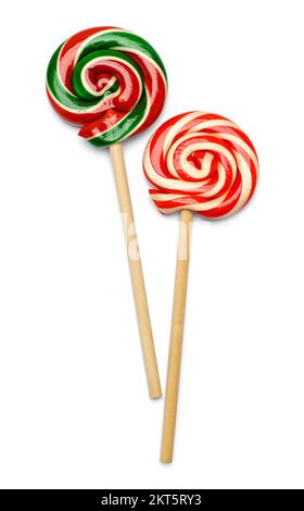 Zwei Spiral Pfefferminz Lollipop Candy Canes, ausgeschnitten auf Weiß. Stockfoto