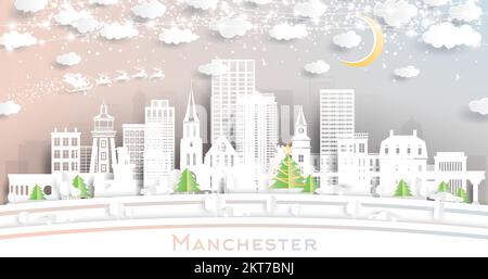 Manchester New Hampshire. Die Skyline von Winter City im Papierschnitt-Stil mit Schneeflocken, Mond und Neon Garland. Weihnachtskonzept und Neujahrskonzept. Stock Vektor