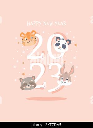 Frohes neues Jahr, 2023 festliche Kartenvorlage mit niedlichen Tieren. Vektorlustration in flacher Form Stock Vektor