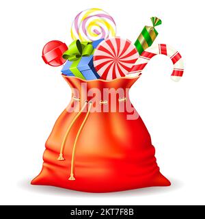Weihnachtsmannsack voller Süßigkeiten und Geschenke, Süßigkeiten, Lutscher und Geschenkschachteln, weihnachtsgeschenke, Vektor Stock Vektor