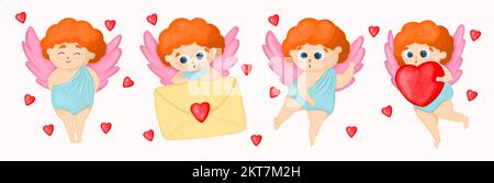 Amur-Maskottchen in verschiedenen Posen. Amor-Engel. Valentinstag-Figur. Vektordarstellung Stock Vektor