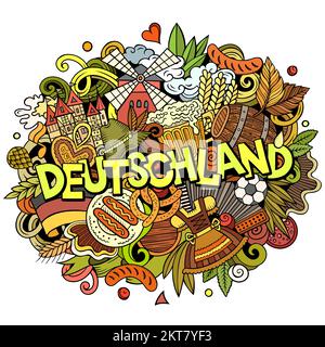 Deutschland Deutschland Karikatur Kritzeleien Illustration. Witziges Reisedesign. Stock Vektor