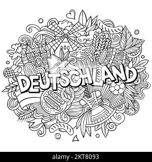 Deutschland Deutschland Karikatur Kritzeleien Illustration. Witziges Reisedesign. Stock Vektor