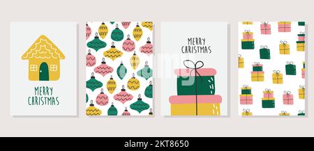 Set mit weihnachtsgrußkarten mit Festtagstext und Designelementen. Zwei Karten mit Muster. Handgezeichnete Vektorkollektion „Merry Christmas“-Karten Stock Vektor