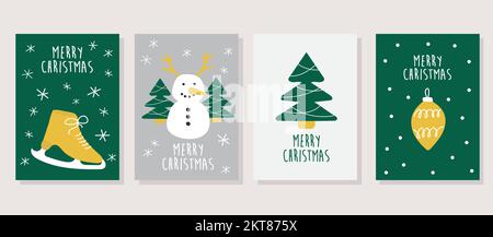 Von Hand gezeichneter Vektor „Merry Christmas“-Karten-Kollektion mit niedlichen Illustrationen. Minimalistisches skandinavisches Cartoon-Design. Grün und Gelb Stock Vektor
