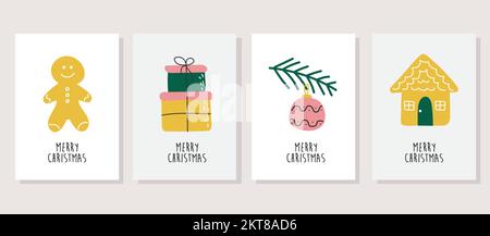Von Hand gezeichneter Vektor „Merry Christmas“-Karten-Kollektion mit niedlichen Illustrationen. Minimalistisches Cartoon-Set im skandinavischen Design. Stock Vektor