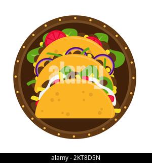 Tacos traditionelle mexikanische Küche Gericht vom Cafe Menü. Vektordarstellung. Drei Tacos auf einem Teller Stock Vektor