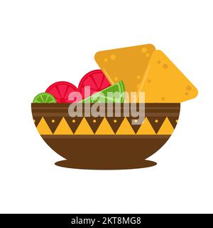 Nachos in Schüssel mit Limette und Tomate. Traditionelles mexikanisches Essen. Tortilla-Chips. Zeichentrickfilm isoliert auf Weiß Stock Vektor