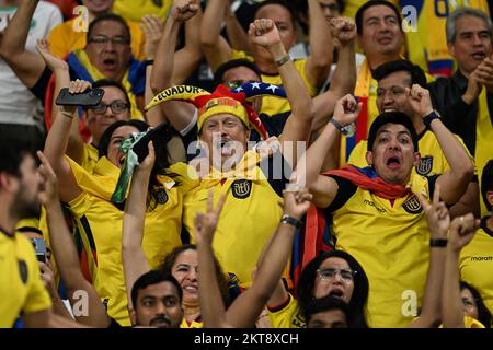 Doha, Catar. 29.. November 2022. Ecuador-Fans während eines Spiels zwischen Ecuador und Senegal, das für die Gruppenphase der Weltmeisterschaft gilt und im Khalifa International Stadium in Doha, Katar, stattfindet. Kredit: Richard Callis/FotoArena/Alamy Live News Stockfoto