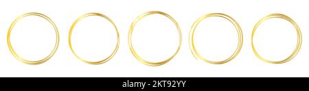Satz handgezeichneter goldener Kreise. Runder Kritzelrahmen isoliert auf weißem Hintergrund. Vektordarstellung Stock Vektor