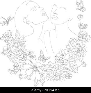 Zwei weibliche Gesichter im Stil einer Strichkunst mit Blumen und Blättern. Stock Vektor