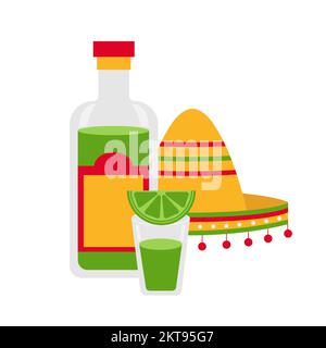 Mexikanische Speisen und Getränke. Tequila mit Limette und Sombrero isoliert auf weiß. Vektordarstellung für Menüdesigns, Banner. Stock Vektor